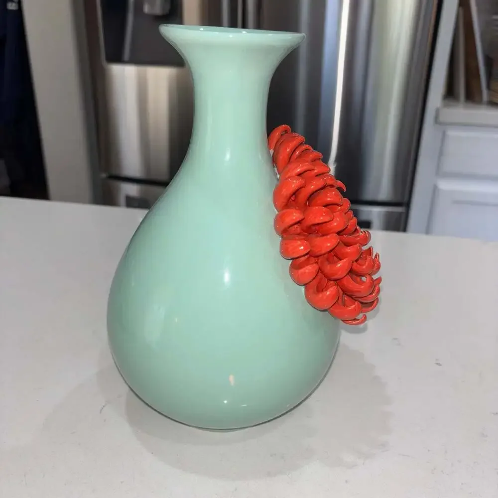 Anthropologie Celadon Blue Ceramic Vase with 3D Red Chrysanthemum Flower